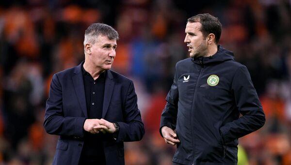 Republic of Ireland manager Stephen Kenny and coach John O'Shea, right, before the UEFA EURO 2024 Championship qualifying group B match between Netherlands and Republic of Ireland at Johan Cruijff ArenA in Amsterdam, Netherlands. Photo by Stephen McCarthy/Sportsfile Republic of Ireland manager Stephen Kenny and coach John O'Shea, right, before the UEFA EURO 2024 Championship qualifying group B match between Netherlands and Republic of Ireland at Johan Cruijff ArenA in Amsterdam, Netherlands. Photo by Stephen McCarthy/Sportsfile